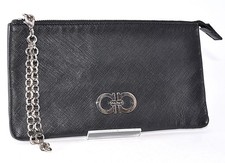 Salvatore Ferragamo Black Pouch Silver Chain Auth Leather Mini 12707