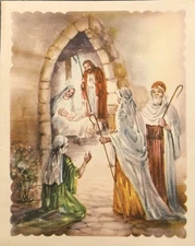 Vtg Christmas Greeting Card Religious Nativity Scene Shepherds Pray Baby Jesus