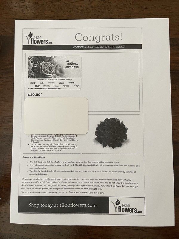 1-800 Flowers E-gift Card $10 - DIGITAL DELIVERY ONLY - No Shipping Charge