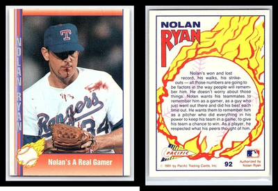#ad 1991 Pacific Nolan Ryan Bloody Lip From Bo Jackson Grounder #92 Rangers $8.99