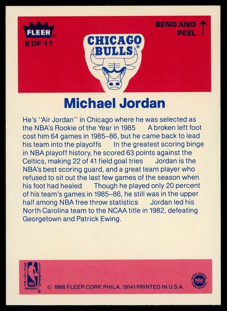 Michael Jordan 1986-87 Fleer Sticker Rookie RC 8 BULLS HOF view 2