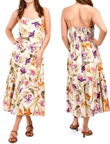 Joie Linen Tiered Casual Dress Floral Print Women’s S Smocked Backing Pockets