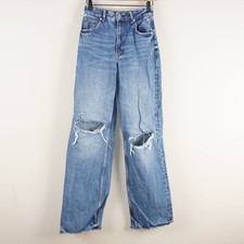 Zara Full Length Wide Leg Mid Rise Blue Raw Hem Ripped Jeans Womens Sz 4