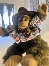 VTG 1994 HOSUNG WESTERN COWBOY MONKEY PLUSH PUPPET- SQUEAKS- HANDS CLASP BROWN