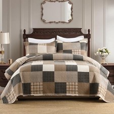 Plaid King Quilt Set - 100 Cotton King 98"x106" Charcoal/Beige/Browm