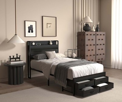 Twin Size LED Bed Frame with Storage Headboard 4 Drawers Charging Station No Box