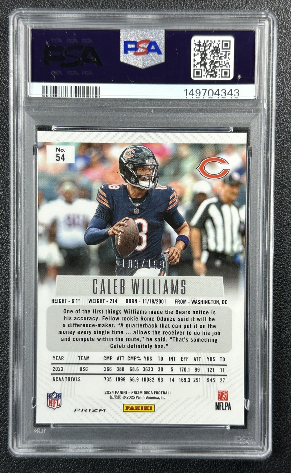 CALEB WILLIAMS PSA 9 2024 PANINI PRIZM DECA #54 ROOKIE RED RC 103/199 BEARS view 2