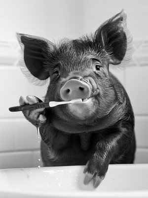 Minimalistisches Schwein Zähneputzen - Schwarz-Weiß Lustiges Wandposter A1-A4 Poster A