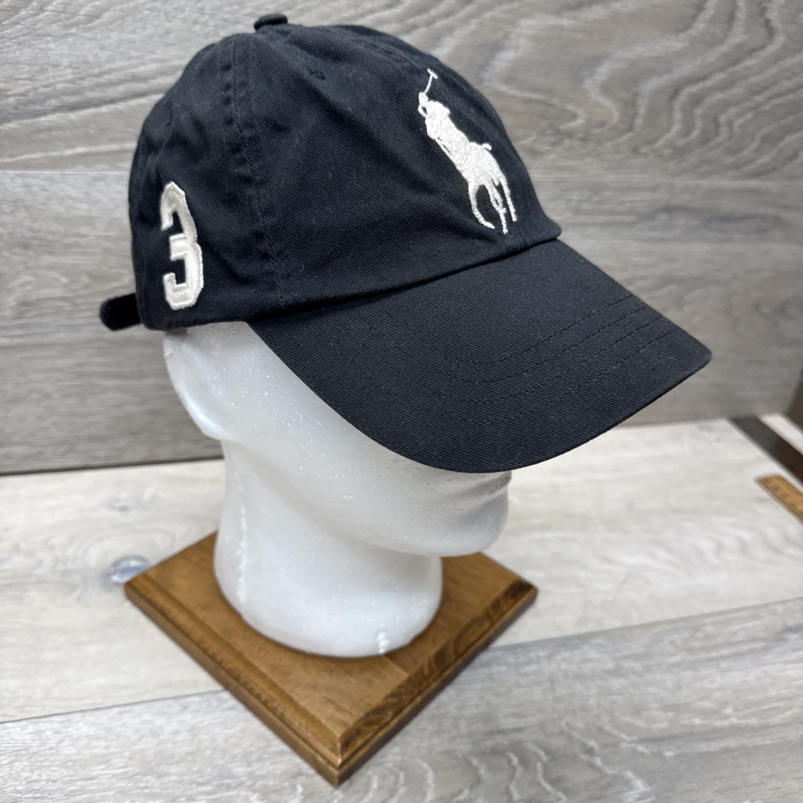 Polo Ralph Lauren Big Pony # 3 ricamata bianca su nera cappello OS cinturino in pelle