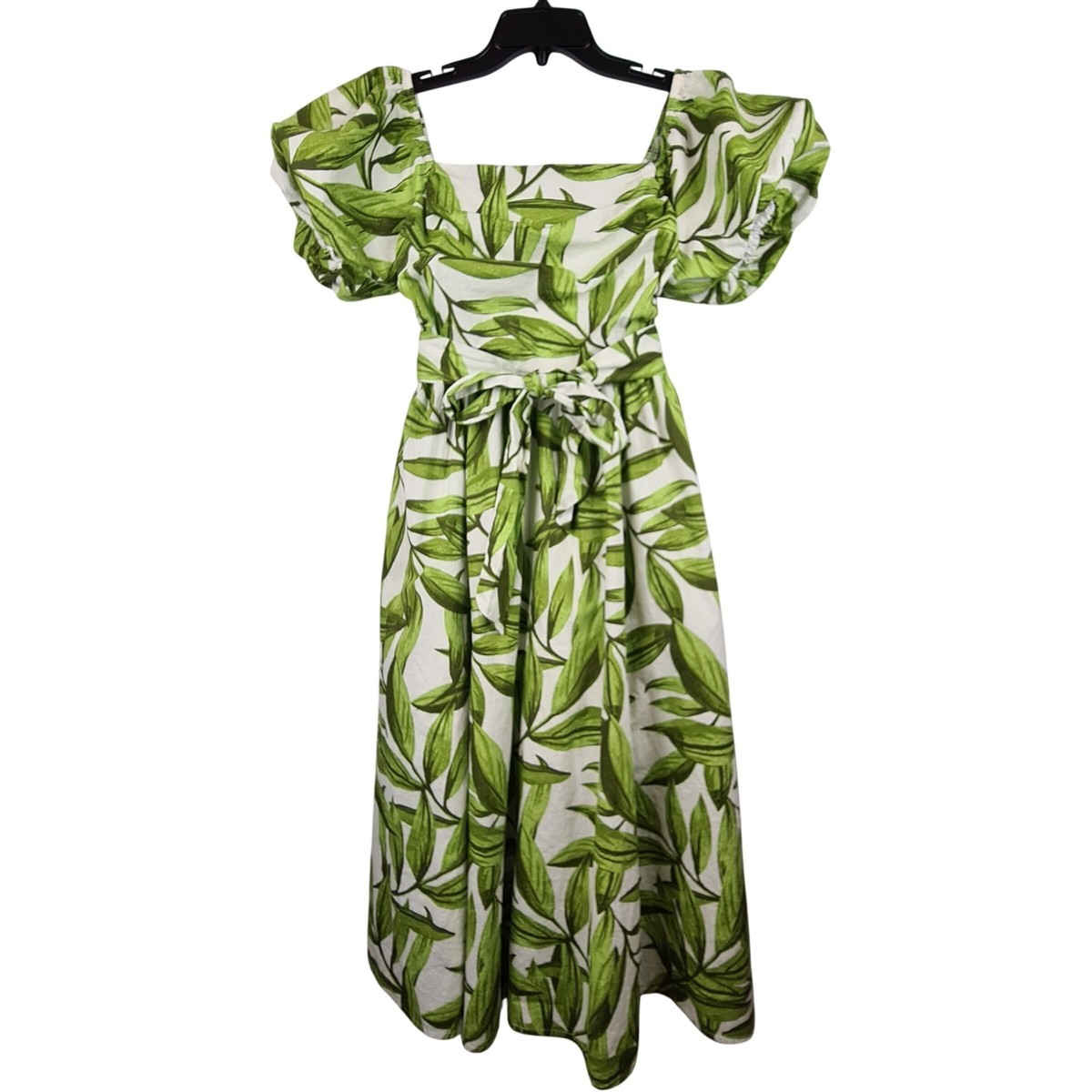Flying Tomato White Green Tropical Leaf Print Puff Sleeve Midi Dress Medium  | eBay