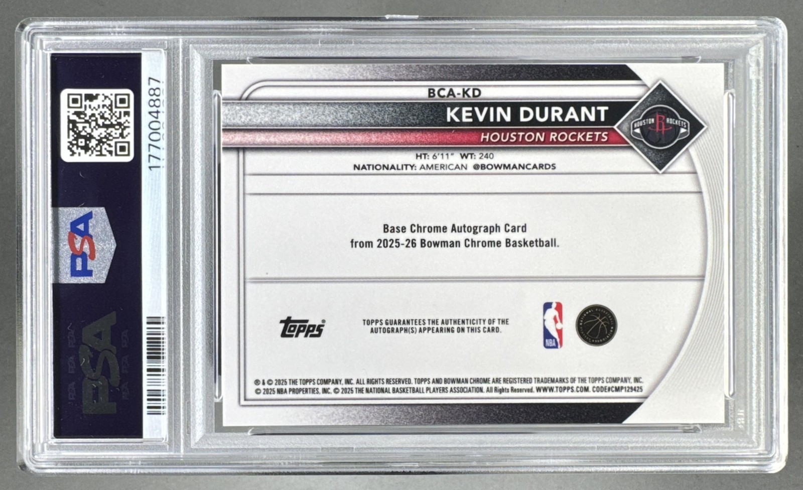 Kevin Durant 2025 Bowman Chrome Sapphire Red Refractor Auto 5/5 PSA 10/10 POP 1 view 2