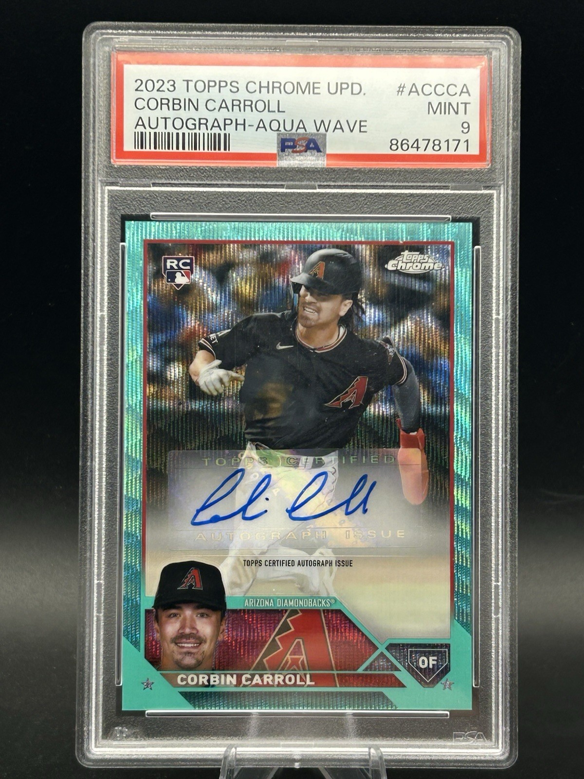 Corbin Carroll 2023 Topps Chrome Rookie Auto Aqua Wave Refractor /199 PSA 9 B854