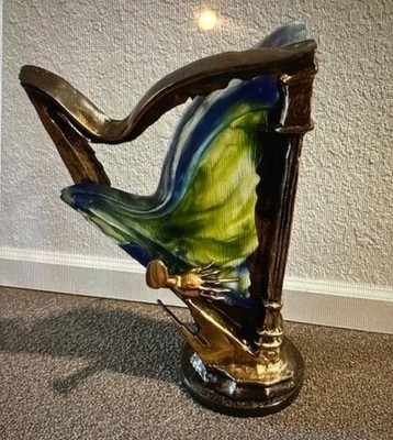 Yves Lohe ''Harp'', Blue Art Glass Cast Bronze Sculpture Limited Vintage