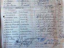 Original document Pel&eacute;'s autograph (1959) when 18 years old (Garrincha and Did&iacute;)