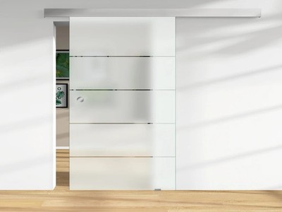Ganzglasschiebetür ESG 8mm mattweiß mit 4 klaren Glasstreifen, Breite 94 cm Höhe