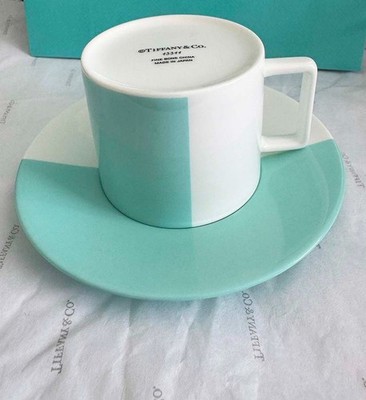 Tiffany &Co NEW COLOR BLOCK TEACUP wSAUCER /r ESPRESSO Blue &White