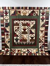 Vtg Handstitched King Quilt Green Flower Basket EUC