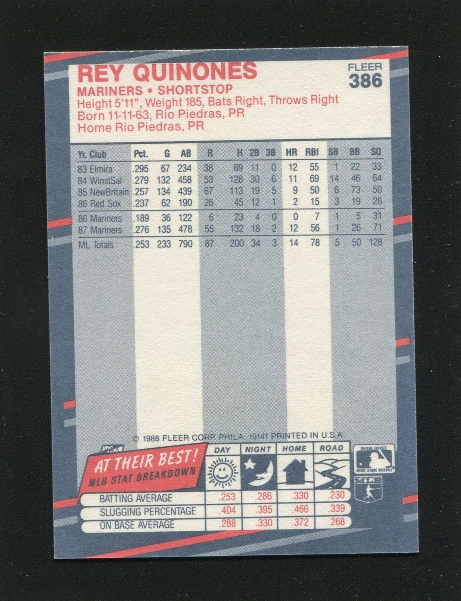 1988 Fleer #386 REY QUINONES, Mariners: Black Sharpie Autograph