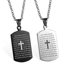 Men Women Cross Lords Prayer Dog Tag Pendant Necklace Stainless Steel Chain 22"