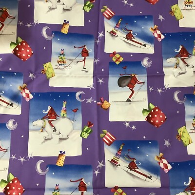 Novelty Fabric Debbie Taylor-Kerman ~Skiing Santa Cotton Christmas Winter 1 Yard