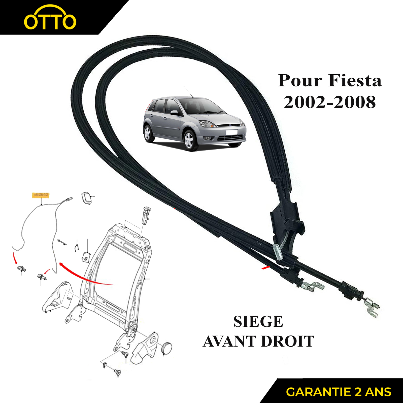 Gaine cable de siege inclinable avant droit Ford Fiesta 5 de 2002 à 2008 noir