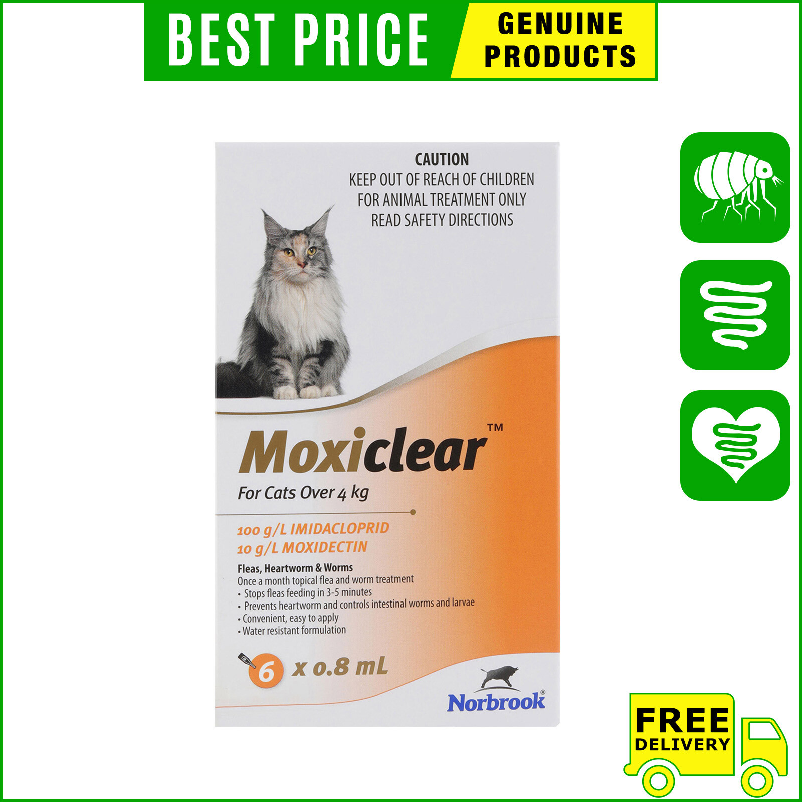 MOXICLEAR 6 Pipettes Flea Heartworm Worms Treatment for All Sizes Cats