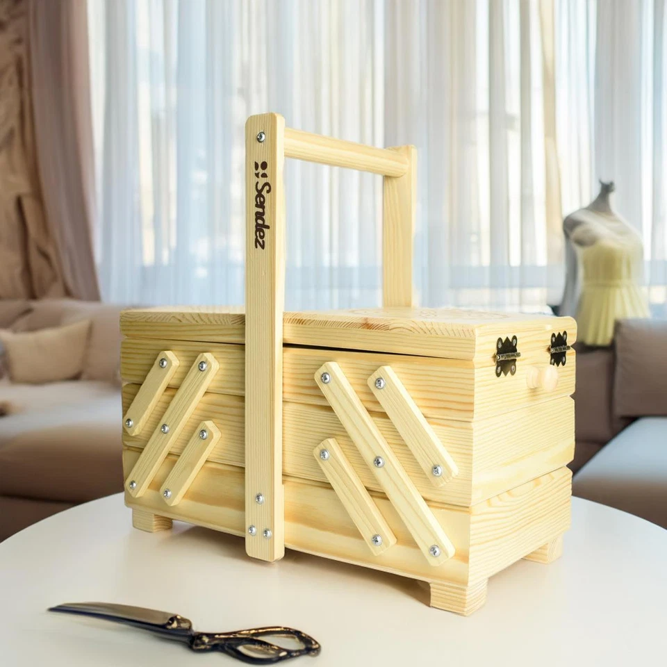 XXL Handgefertigter Nähkasten Natur Groß Handgeschnitzter Kasten Nähzeug Nähkorb - Bild 4 von 4