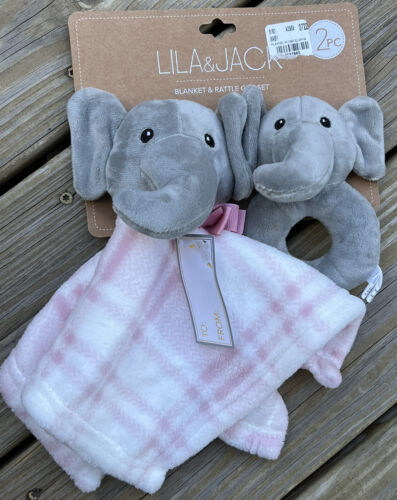 LILA & JACK Gray Elephant Baby Lovey + Rattle Gift Set Pink Flannel/ Plaid New - Picture 1 of 8