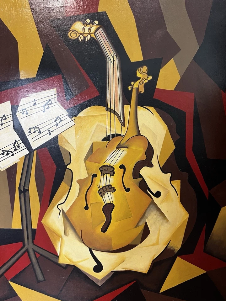 Signed L.J. Hogan Modernist Surrealism Violin Oil Painting on Canvas 42x40 - Image 2 of 4