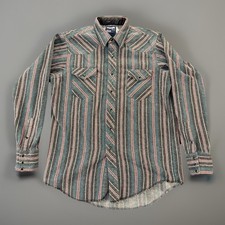 Vintage Wrangler Western Pearl Snap Shirt Men 16.5x35 Gray Striped X Long Tails