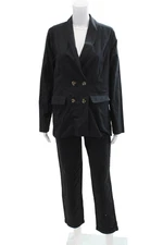 Saks Fifth Avenue Womens Linen Double Breasted Blazer Pants Suit Set Black Sz S