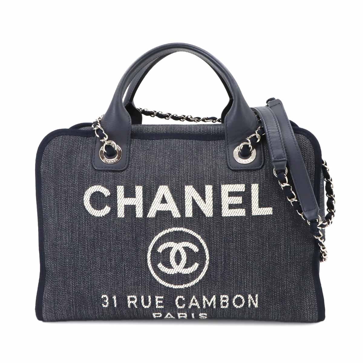 CHANEL Deauville Bowling Bag 2way Hand Chain Shoulder Navy A92750