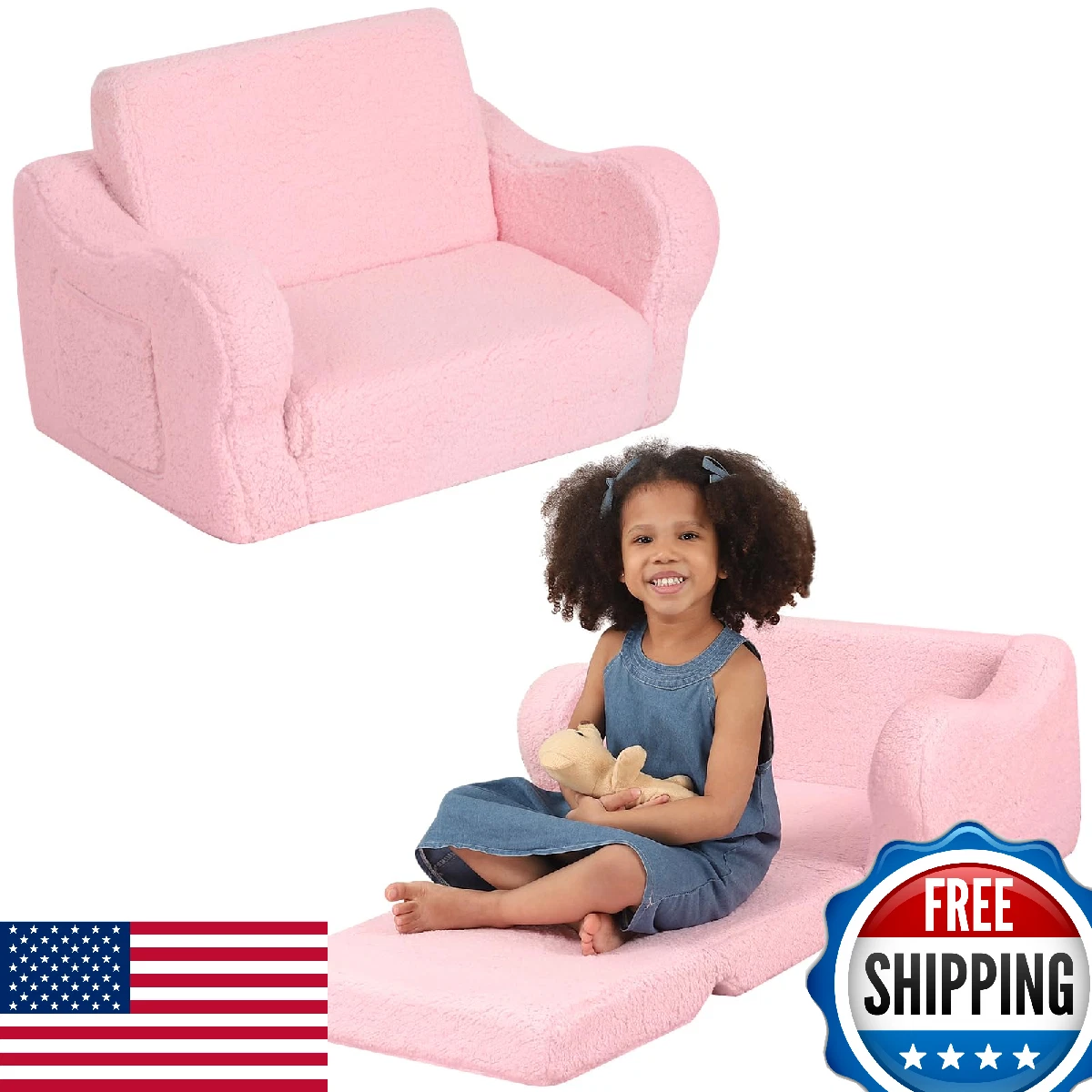 BestRoyal Comfy Toddler Chair, 2-in-1 Toddler Couch Fold Out, Convertible Sherpa