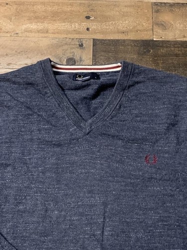 Fred Perry Sweater Mens Large Blue V Neck Elbow Patch Cotton Logo Pullover