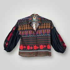 NEW Farm Rio Shirt Womens L Black Multicolor Pineapple Floral Embroidered Boho