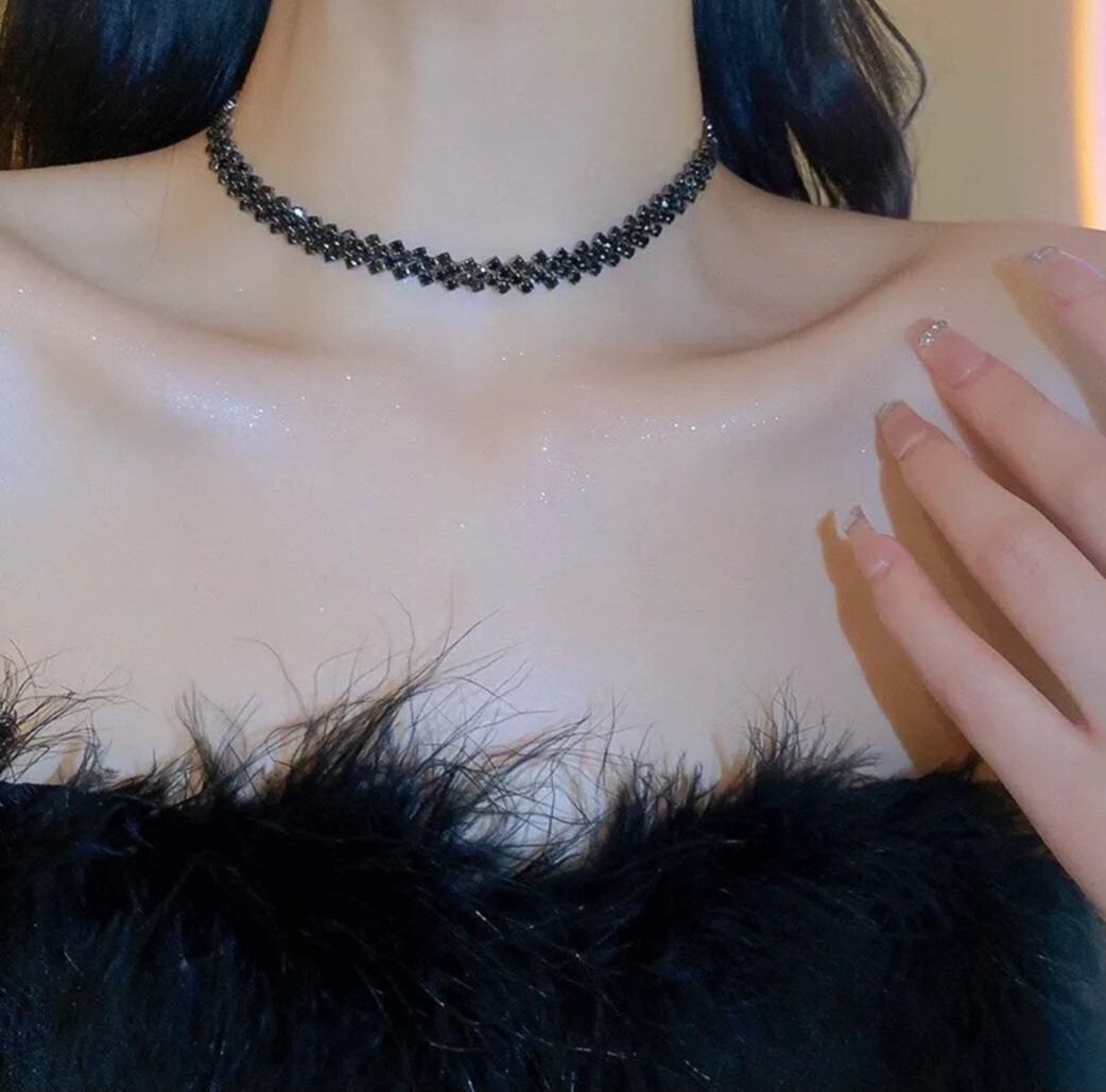 Choker Black Necklace Crystal Rhinestone 3 Row Diamante Shine Sparkly Party Gift