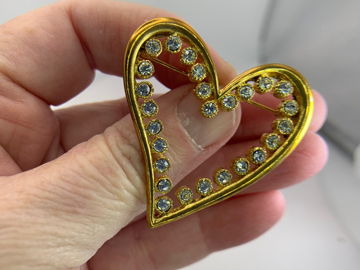 Valentine Heart Outline Rhinestone Vintage Gold Brooch Pin M-1875