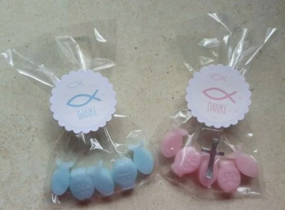 HANDGEFERTIGT Danke Gastgeschenk Seife Fische Rosa,Blau Taufe,Kommunion,Konfirmation