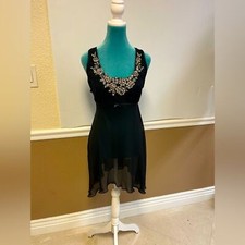 Jessica Vintage Black Velvet Sheer Babydoll Slip Dress Iridescent Beaded Floral