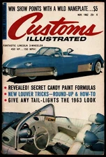 NOVEMBER 1962 CUSTOMS ILLUSTRATED MAGAZINE, LINCOLN 3-WHEELER, CANDY PAINT