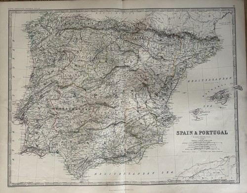 1876 Spain & Portugal Large Hand Coloured Original Antique Map by Johnston