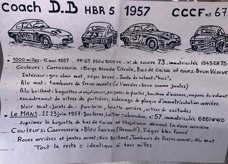 1/43 KIT CCC F67 DB PANHARD HBR5 MILLE MIGLIA 1957 24 HEURES DU MANS 1957 - Immagine 3 di 3