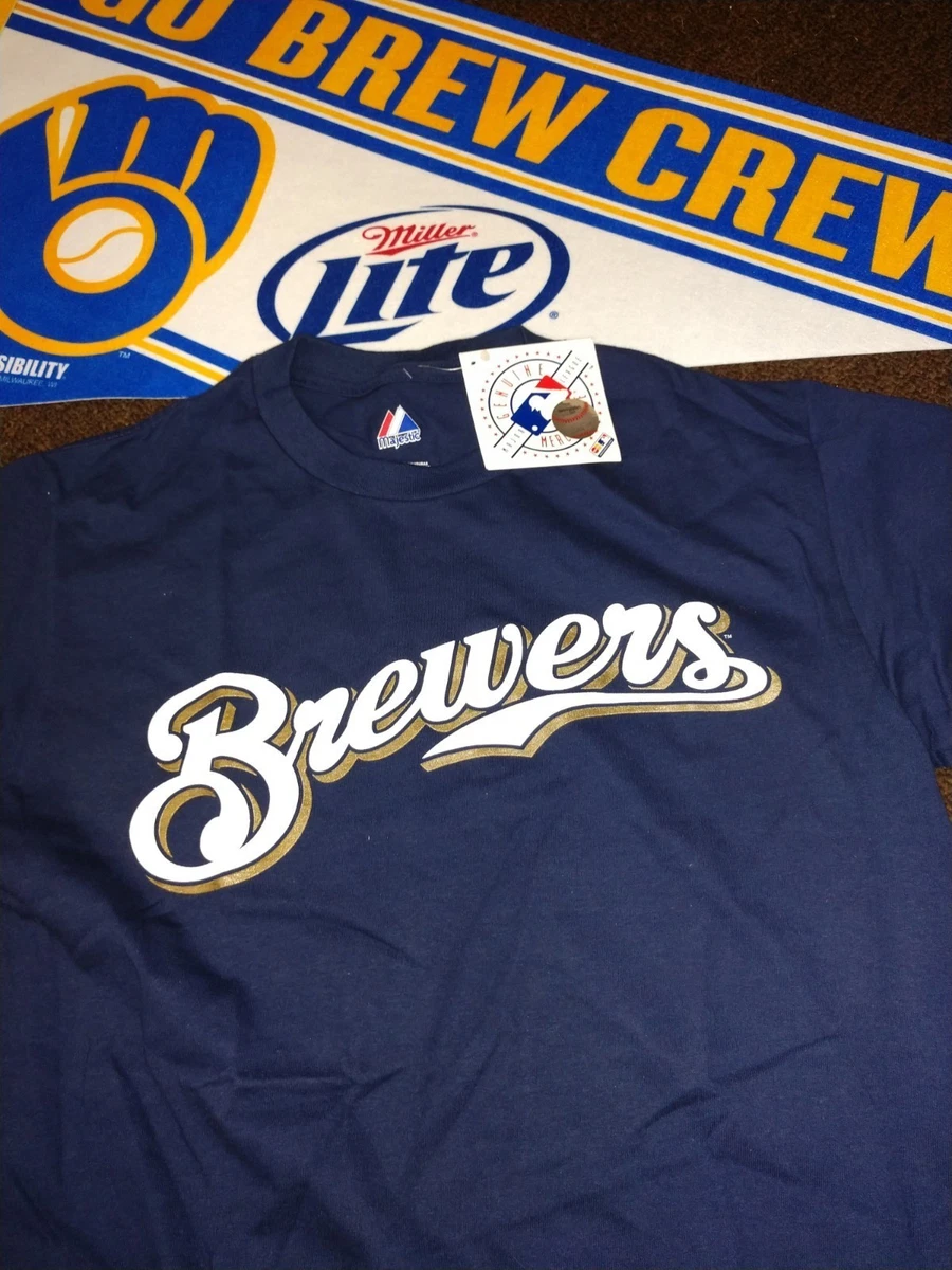 Retro Logo Milwaukee Brewers Lot Banner T-Shirt Blue Small Retro Logo