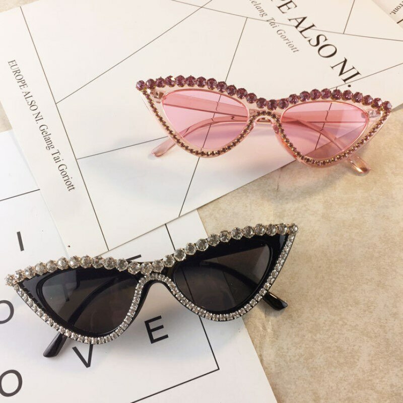 Designer Cat Eye Sunglasses With Rhinestones Black or Pink Lens Vintage Frames-image