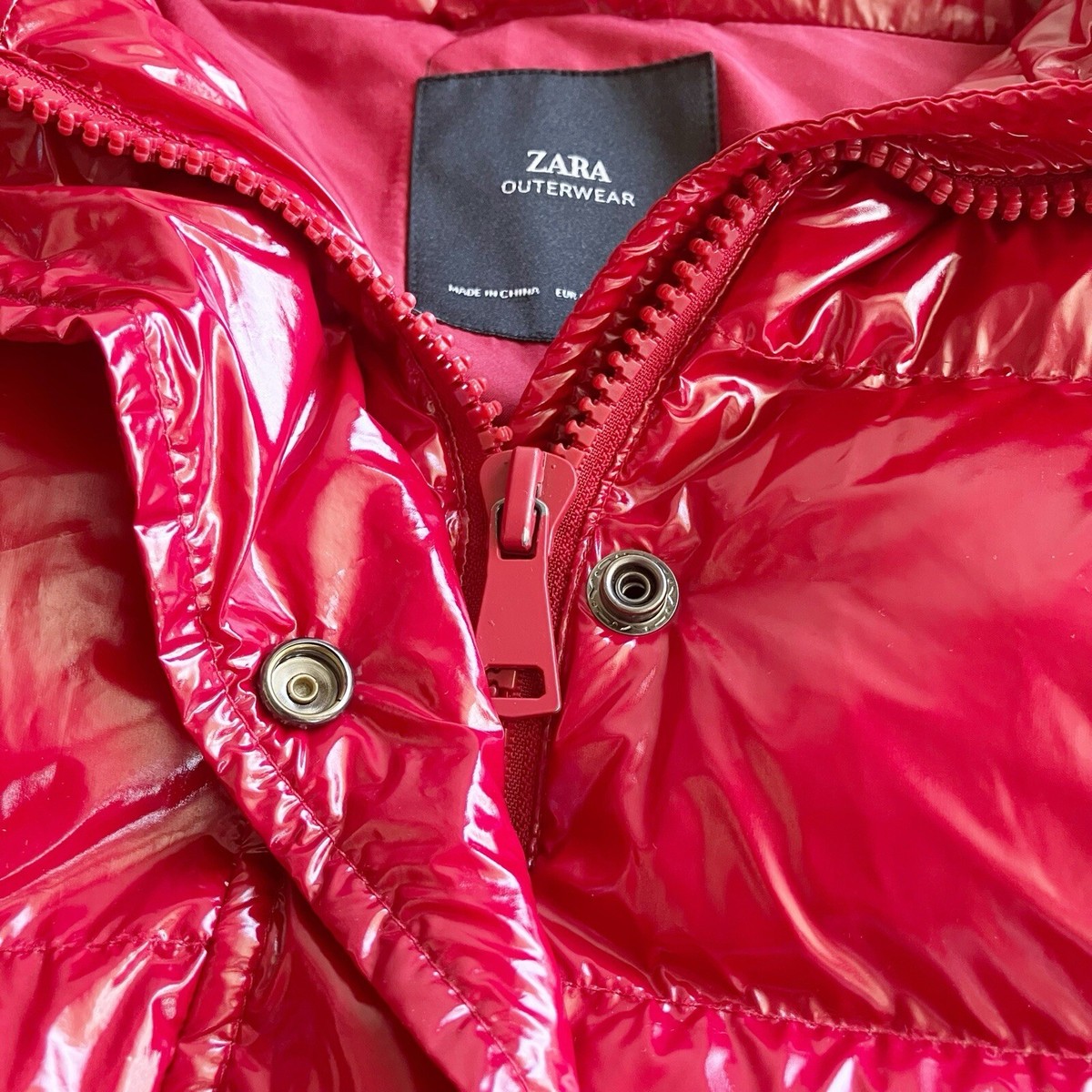 Zara Size Medium Shiny Red Puffer Jacket Coat Oversized Puff