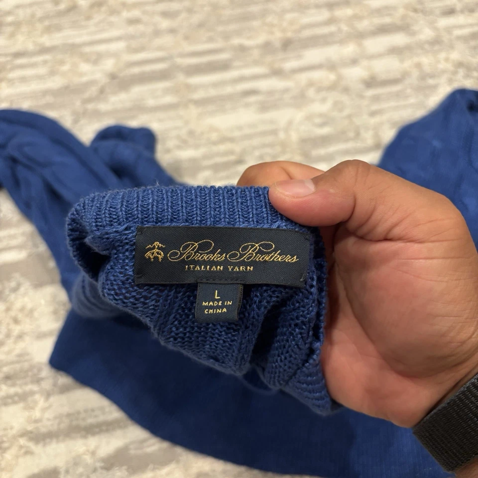 Suéter Brooks Brothers 100 % lino italiano tejido con cable para hombre grande azul pescador Foto 2 de 4