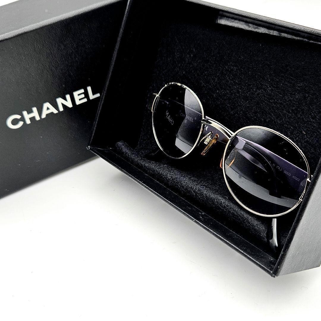 CHANEL sunglasses silver frame blue lens logo women's box