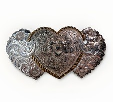 Crumrine Belt Buckle Hearts Flowers Silver Plate over Bronze Ornate Gold Trim