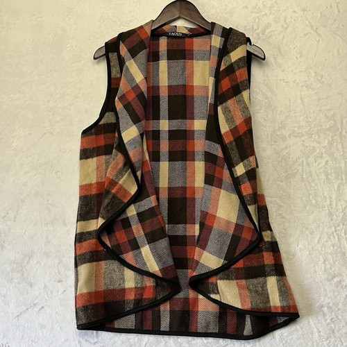YACUN Women Vest Lapel Open Front Orange Plaid Sleeveless Cardigan Jacket Sz L - 第 1/12 張圖片