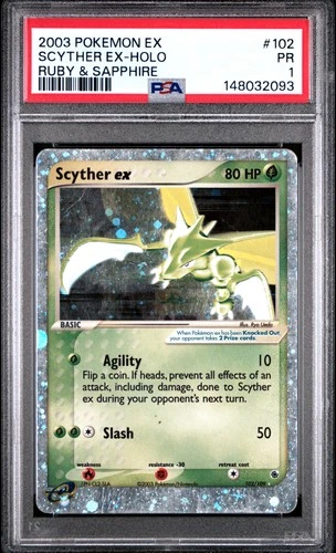 2003 POKEMON EX RUBY & SAPPHIRE #102 SCYTHER EX-HOLO PSA 1